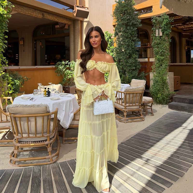 طقم تنورة ماكسي أصفر أنيق للعط - مراجعة Blouse Off Shoulder وسعره